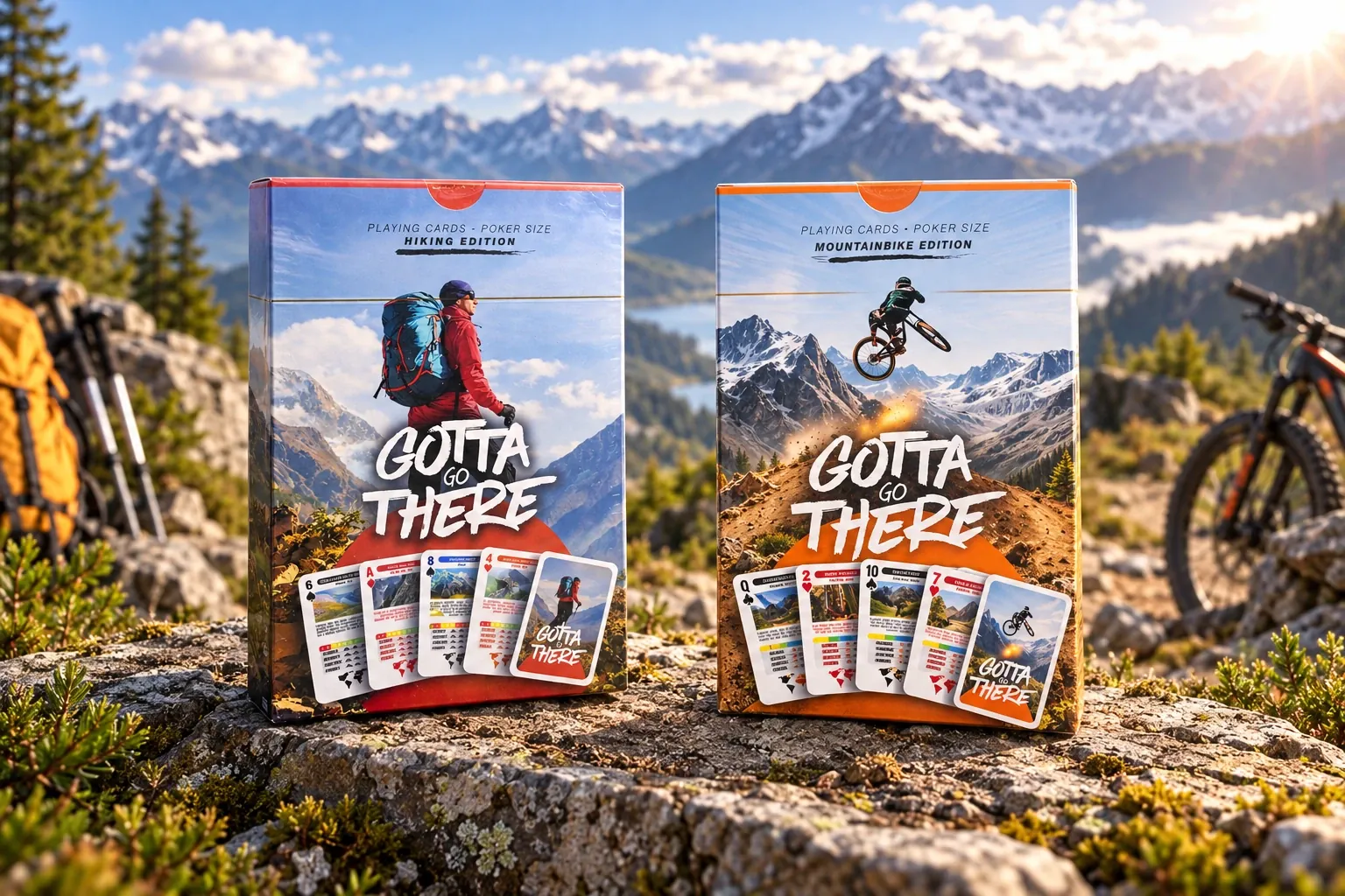 Hiking Edition and MTB Edition boxes side by side on a rock with mountains behind