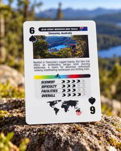 The 6 of Spades: Blue Derby Mountain Bike Trails, Tasmania, standing on a rock