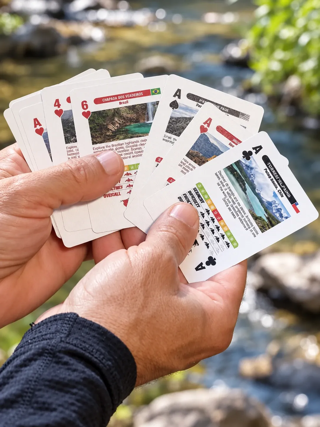 Hands holding a fan of Gotta Go There cards beside a creek