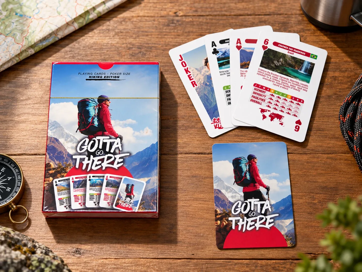 Hiking Edition box, card back and cards laid out on a wooden table