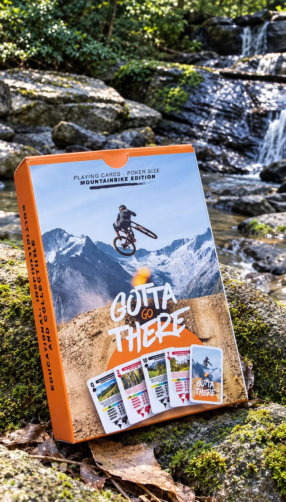 The MTB Edition on a mossy rock beside a creek and waterfall