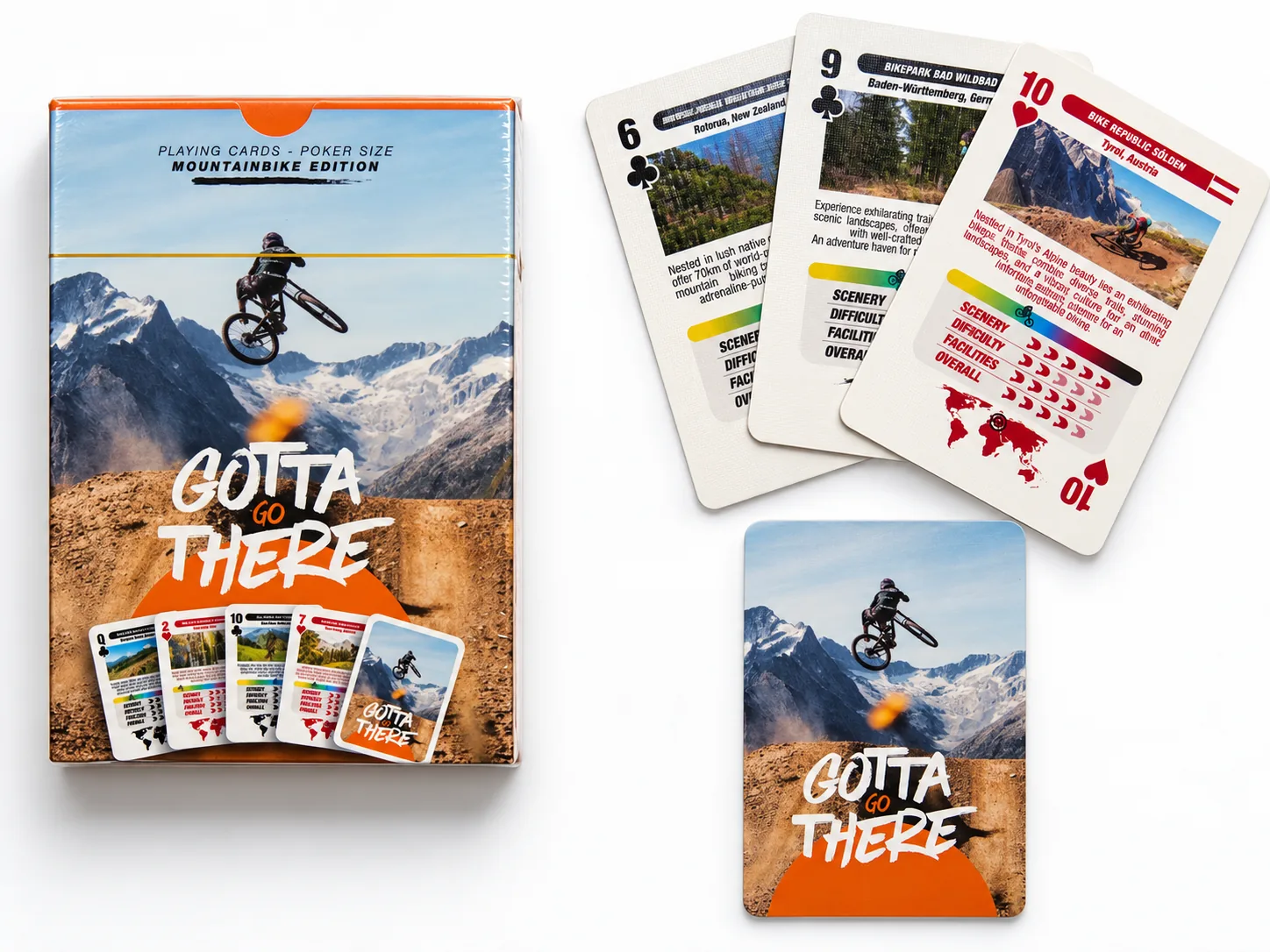 MTB Edition box, card back and three MTB cards laid out on white